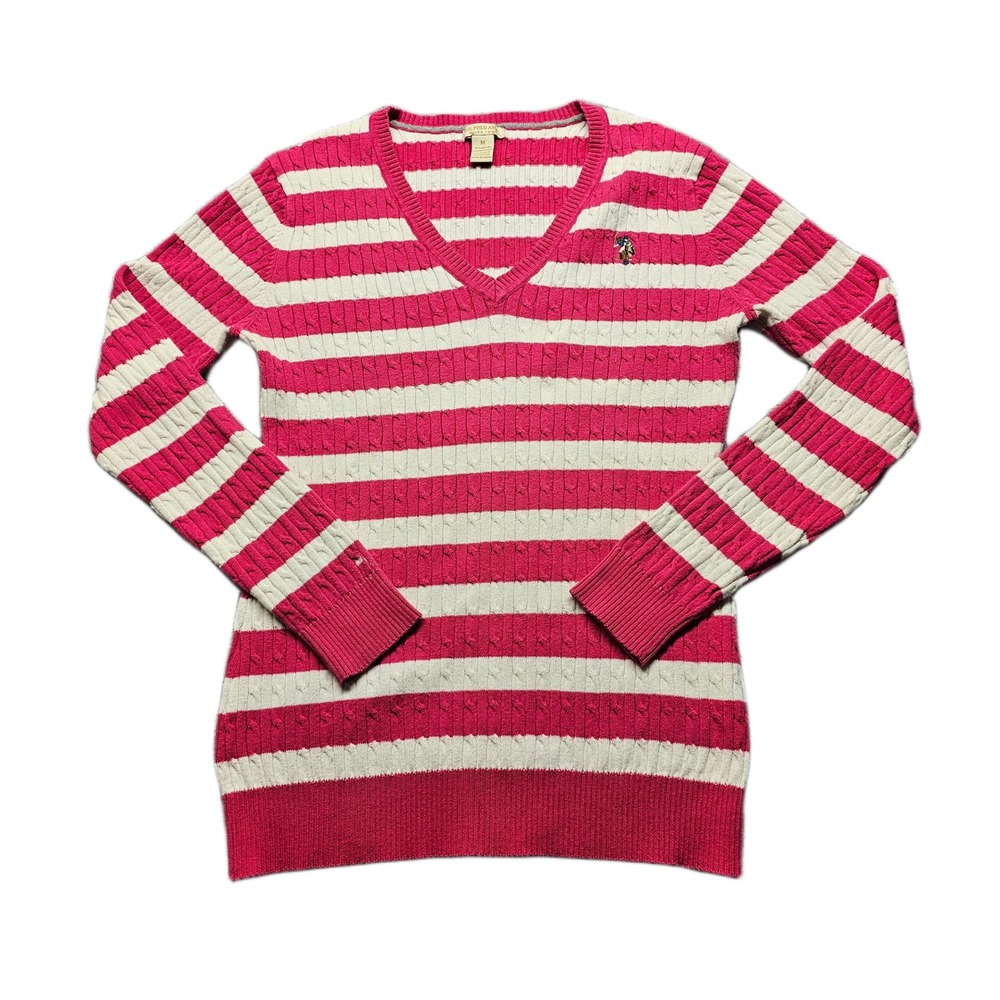 U.S. Polo Assn. Sweater Womens M Pink White Striped Cable Knit V-Neck Pullover